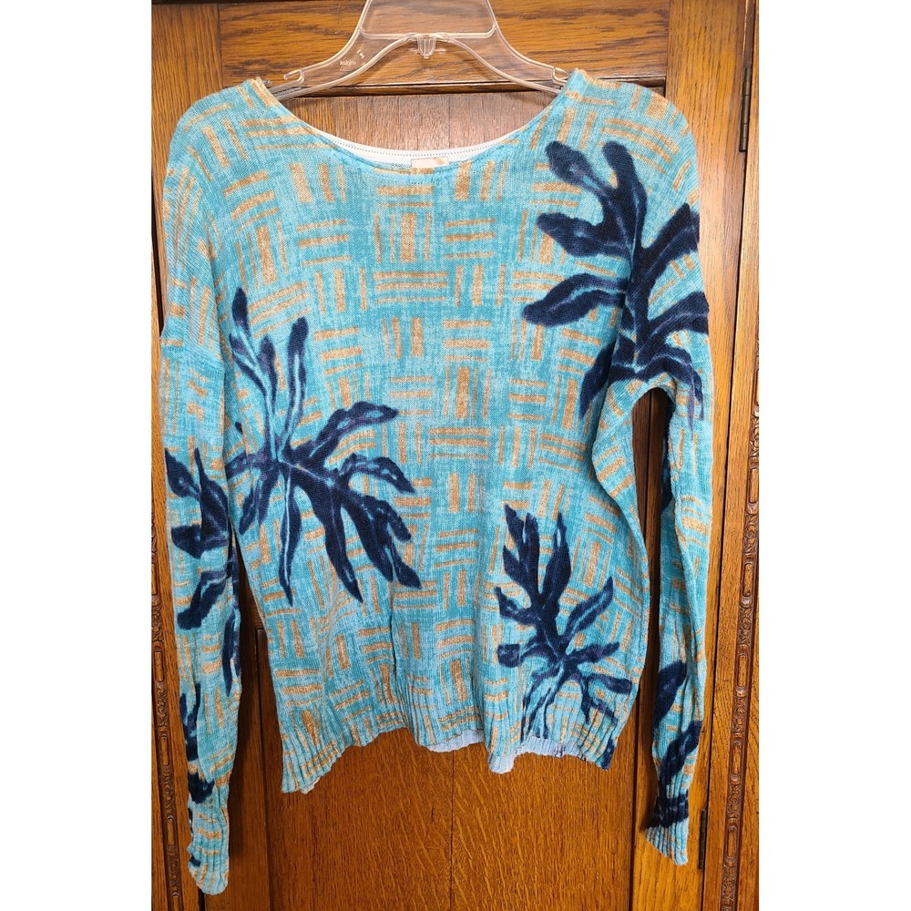 NIC+ZOE Womens Tropical Leaf Print Lightweight Knit Sweater Blue Tan Large - Picture 1 of 6